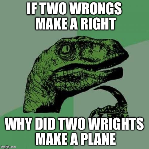 Philosoraptor | IF TWO WRONGS MAKE A RIGHT; WHY DID TWO WRIGHTS MAKE A PLANE | image tagged in memes,philosoraptor | made w/ Imgflip meme maker
