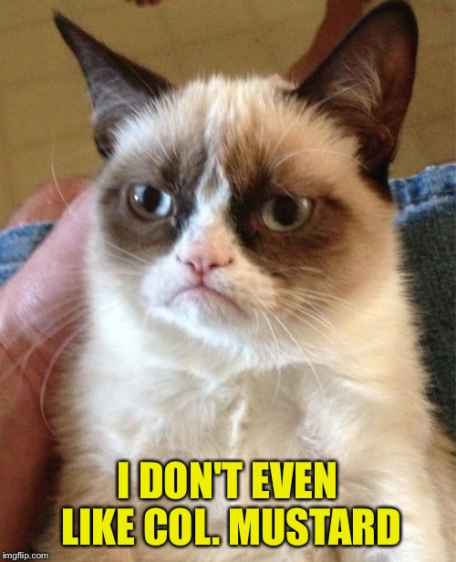 Grumpy Cat Meme | I DON'T EVEN LIKE COL. MUSTARD | image tagged in memes,grumpy cat | made w/ Imgflip meme maker