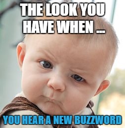 Skeptical Baby Meme | THE LOOK YOU HAVE WHEN ... YOU HEAR A NEW BUZZWORD | image tagged in memes,skeptical baby | made w/ Imgflip meme maker