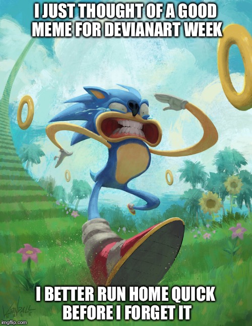 I just thought of a good meme | I JUST THOUGHT OF A GOOD MEME FOR DEVIANART WEEK; I BETTER RUN HOME QUICK BEFORE I FORGET IT | image tagged in run sonic,deviantart week | made w/ Imgflip meme maker