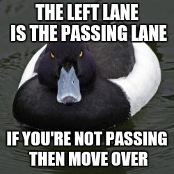 Angry Advice Mallard | THE LEFT LANE IS THE PASSING LANE; IF YOU'RE NOT PASSING THEN MOVE OVER | image tagged in angry advice mallard | made w/ Imgflip meme maker