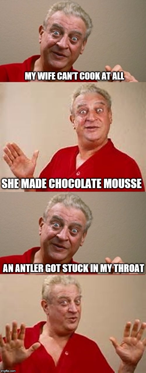 Rodney | MY WIFE CAN’T COOK AT ALL; SHE MADE CHOCOLATE MOUSSE; AN ANTLER GOT STUCK IN MY THROAT | image tagged in rodney,memes,bad pun dangerfield,married,relationships | made w/ Imgflip meme maker