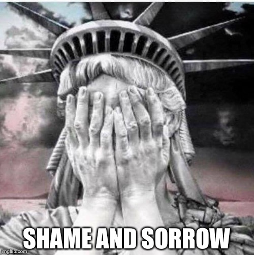 Lady Liberty Cries | SHAME AND SORROW | image tagged in statue of liberty,shame usa,crying | made w/ Imgflip meme maker