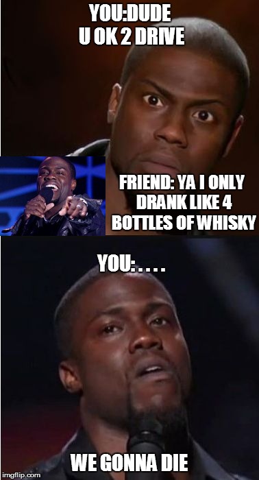 kevin hart reaction | YOU:DUDE U OK 2 DRIVE; FRIEND: YA I ONLY DRANK LIKE 4 BOTTLES OF WHISKY; YOU: . . . . WE GONNA DIE | image tagged in kevin hart reaction | made w/ Imgflip meme maker