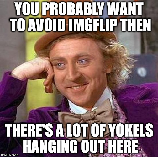 Creepy Condescending Wonka Meme | YOU PROBABLY WANT TO AVOID IMGFLIP THEN THERE'S A LOT OF YOKELS HANGING OUT HERE | image tagged in memes,creepy condescending wonka | made w/ Imgflip meme maker