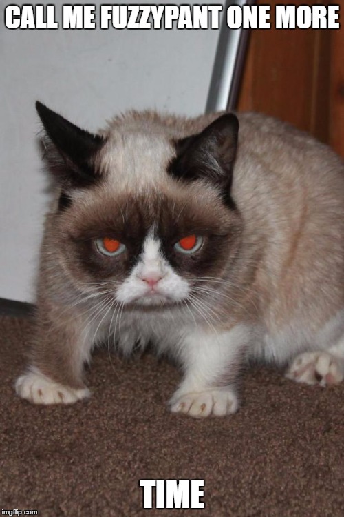 Grumpy Cat red eyes | CALL ME FUZZYPANT ONE MORE; TIME | image tagged in grumpy cat red eyes | made w/ Imgflip meme maker