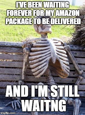 Never trust Amazon's drones | I'VE BEEN WAITING FOREVER FOR MY AMAZON PACKAGE TO BE DELIVERED; AND I'M STILL WAITNG | image tagged in memes,waiting skeleton | made w/ Imgflip meme maker