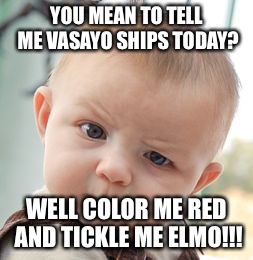 Skeptical Baby Meme | YOU MEAN TO TELL ME VASAYO SHIPS TODAY? WELL COLOR ME RED AND TICKLE ME ELMO!!! | image tagged in memes,skeptical baby | made w/ Imgflip meme maker
