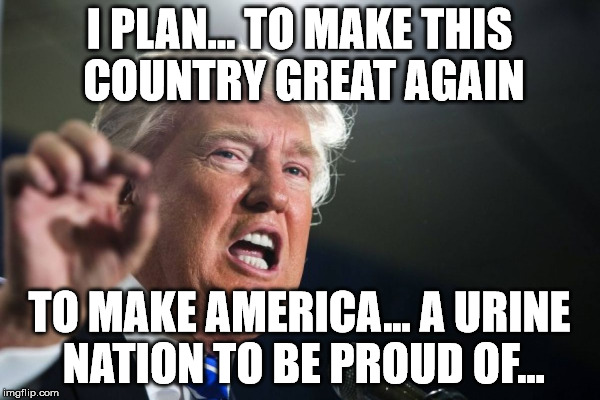 I PLAN... TO MAKE THIS COUNTRY GREAT AGAIN TO MAKE AMERICA... A URINE NATION TO BE PROUD OF... | made w/ Imgflip meme maker