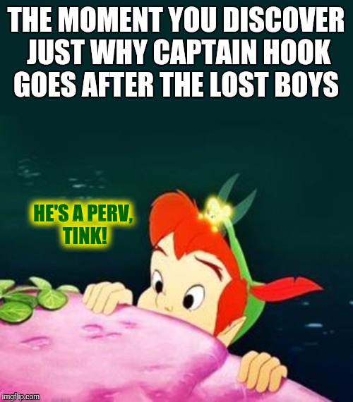 Just say no, Peter! Deviant Art Week | THE MOMENT YOU DISCOVER JUST WHY CAPTAIN HOOK GOES AFTER THE LOST BOYS; HE'S A PERV, TINK! | image tagged in peter pan,deviantart week,capt hook,lost boys | made w/ Imgflip meme maker