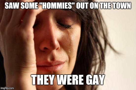 First World Problems Meme | SAW SOME "HOMMIES" OUT ON THE TOWN THEY WERE GAY | image tagged in memes,first world problems | made w/ Imgflip meme maker