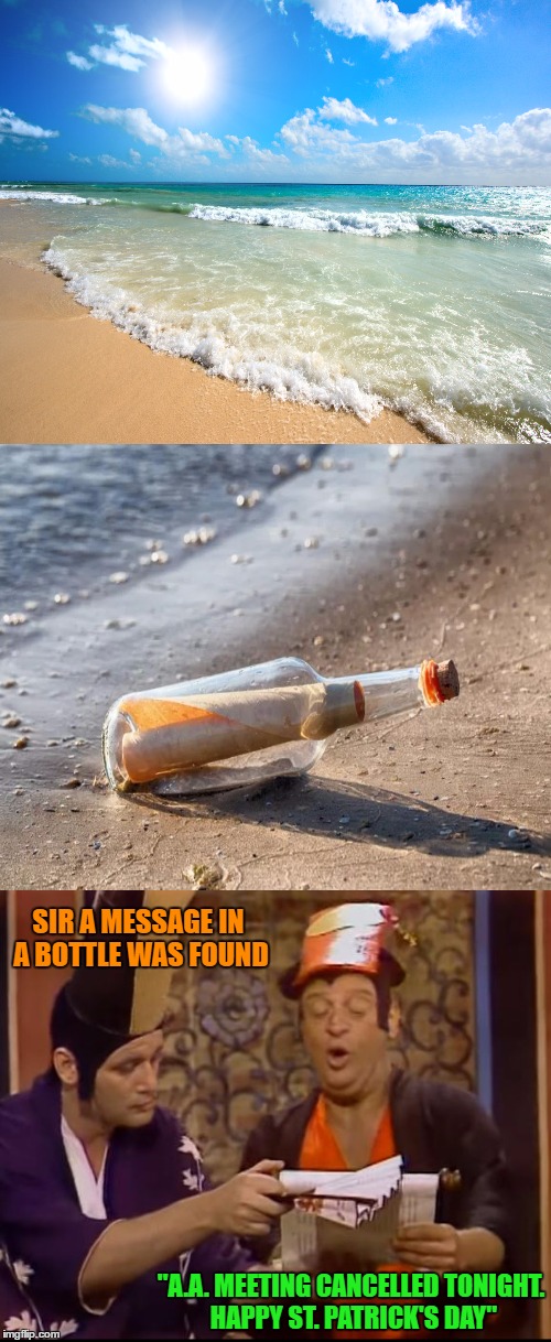 the 13th step  | SIR A MESSAGE IN A BOTTLE WAS FOUND; "A.A. MEETING CANCELLED TONIGHT. HAPPY ST. PATRICK'S DAY" | image tagged in explain it to rodney | made w/ Imgflip meme maker