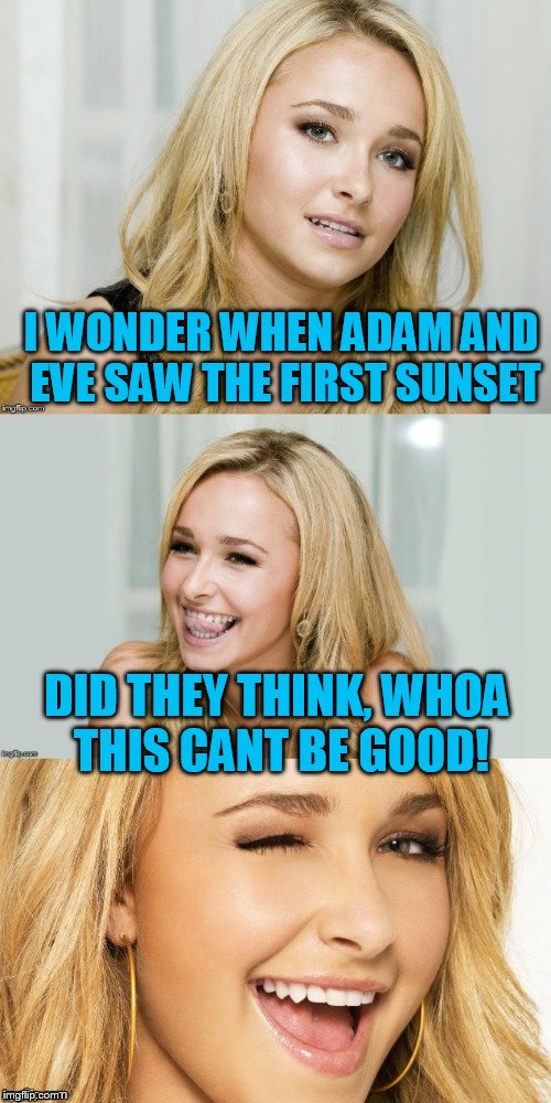 Bad Pun Hayden Panettiere | I WONDER WHEN ADAM AND EVE SAW THE FIRST SUNSET; DID THEY THINK, WHOA THIS CANT BE GOOD! | image tagged in bad pun hayden panettiere | made w/ Imgflip meme maker