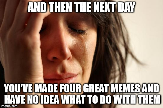 First World Problems Meme | AND THEN THE NEXT DAY YOU'VE MADE FOUR GREAT MEMES AND HAVE NO IDEA WHAT TO DO WITH THEM | image tagged in memes,first world problems | made w/ Imgflip meme maker