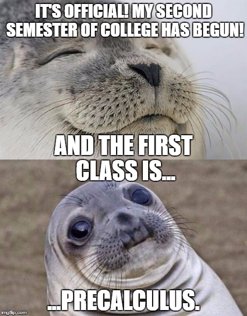 What a great way to start a semester. | IT'S OFFICIAL! MY SECOND SEMESTER OF COLLEGE HAS BEGUN! AND THE FIRST CLASS IS... ...PRECALCULUS. | image tagged in memes,short satisfaction vs truth,college,math,calculus | made w/ Imgflip meme maker