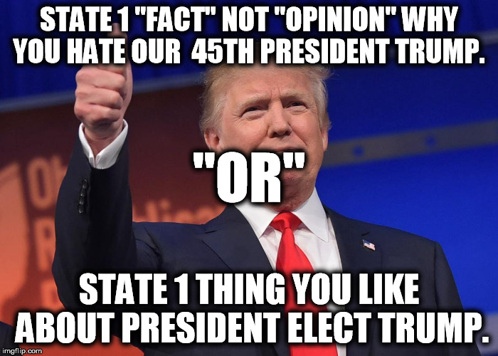 STATE 1 "FACT" NOT "OPINION" WHY YOU HATE OUR  45TH PRESIDENT TRUMP. "OR"; STATE 1 THING YOU LIKE ABOUT PRESIDENT ELECT TRUMP. | image tagged in trump | made w/ Imgflip meme maker