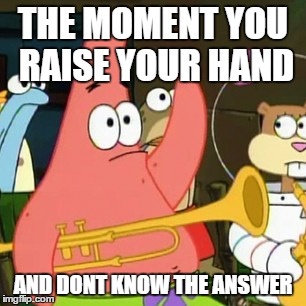  
 | THE MOMENT YOU RAISE YOUR HAND; AND DONT KNOW THE ANSWER | image tagged in memes,no patrick | made w/ Imgflip meme maker