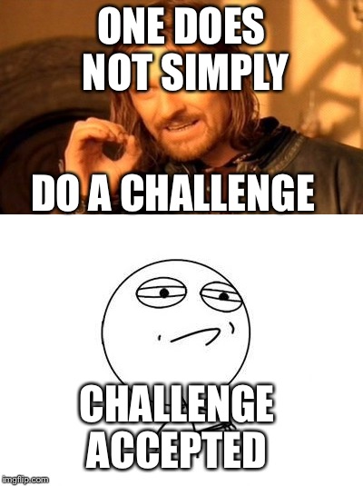 Ironic  | ONE DOES NOT SIMPLY; DO A CHALLENGE; CHALLENGE ACCEPTED | image tagged in one does not simply,challenge accepted rage face | made w/ Imgflip meme maker