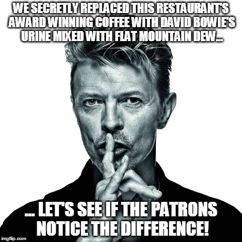 David's got a secret... | WE SECRETLY REPLACED THIS RESTAURANT'S AWARD WINNING COFFEE WITH DAVID BOWIE'S URINE MIXED WITH FLAT MOUNTAIN DEW... ... LET'S SEE IF THE PATRONS NOTICE THE DIFFERENCE! | image tagged in humor,david bowie | made w/ Imgflip meme maker