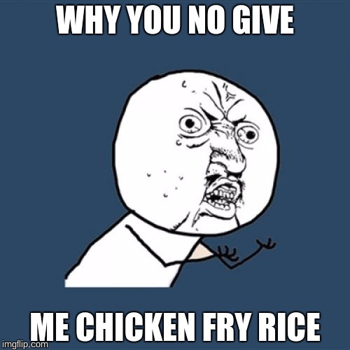 Y U No Meme | WHY YOU NO GIVE; ME CHICKEN FRY RICE | image tagged in memes,y u no | made w/ Imgflip meme maker