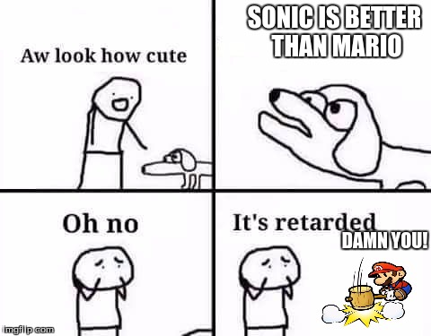 retarded dog | SONIC IS BETTER THAN MARIO; DAMN YOU! | image tagged in retarded dog | made w/ Imgflip meme maker
