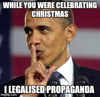 Countering Disinformation and Propaganda Act is now law | WHILE YOU WERE CELEBRATING CHRISTMAS; I LEGALISED PROPAGANDA | image tagged in memes,not funny,obama,obama's legacy | made w/ Imgflip meme maker