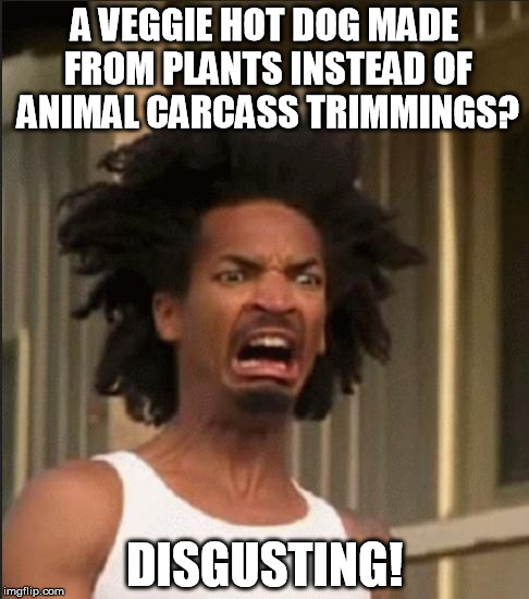 That's So Disgusting! | A VEGGIE HOT DOG MADE FROM PLANTS INSTEAD OF ANIMAL CARCASS TRIMMINGS? DISGUSTING! | image tagged in disgusting,vegan,vegan4life,veganism | made w/ Imgflip meme maker