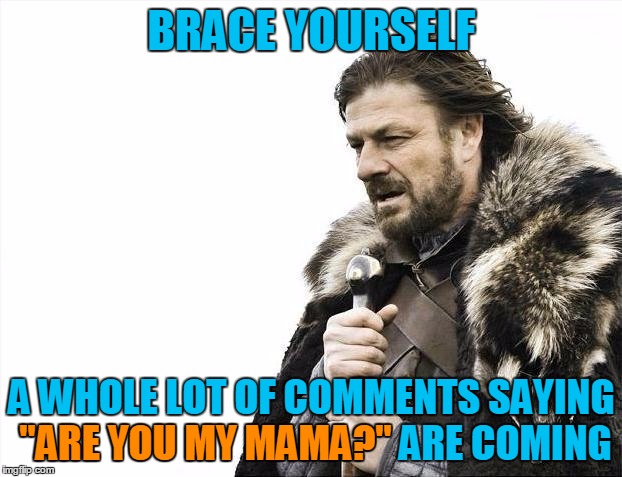 Brace Yourselves X is Coming Meme | BRACE YOURSELF A WHOLE LOT OF COMMENTS SAYING "ARE YOU MY MAMA?" ARE COMING "ARE YOU MY MAMA?" | image tagged in memes,brace yourselves x is coming | made w/ Imgflip meme maker