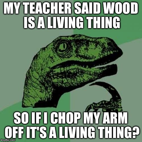 Philosoraptor Meme | MY TEACHER SAID WOOD IS A LIVING THING; SO IF I CHOP MY ARM OFF IT'S A LIVING THING? | image tagged in memes,philosoraptor | made w/ Imgflip meme maker