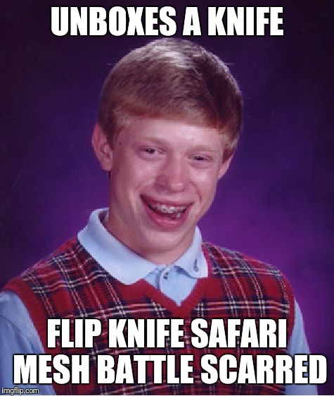 Bad Luck Brian Meme | UNBOXES A KNIFE; FLIP KNIFE SAFARI MESH BATTLE SCARRED | image tagged in memes,bad luck brian | made w/ Imgflip meme maker