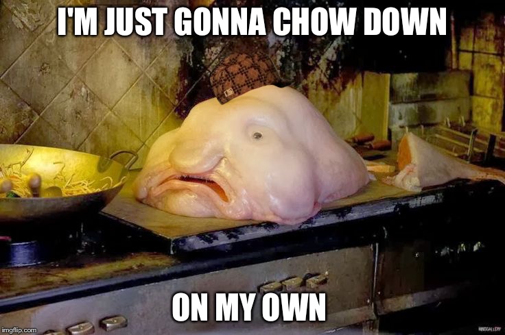 blobfish | I'M JUST GONNA CHOW DOWN; ON MY OWN | image tagged in blobfish,scumbag | made w/ Imgflip meme maker