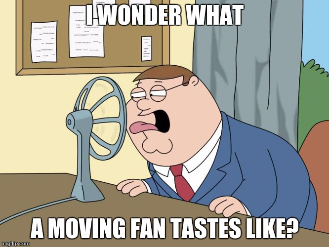 Peter Griffin Fan | I WONDER WHAT; A MOVING FAN TASTES LIKE? | image tagged in peter griffin fan | made w/ Imgflip meme maker
