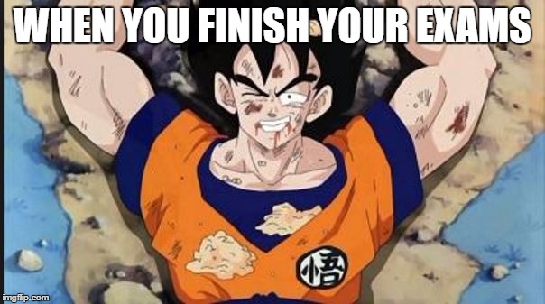 Injured Goku Smile | WHEN YOU FINISH YOUR EXAMS | image tagged in injured goku smile | made w/ Imgflip meme maker