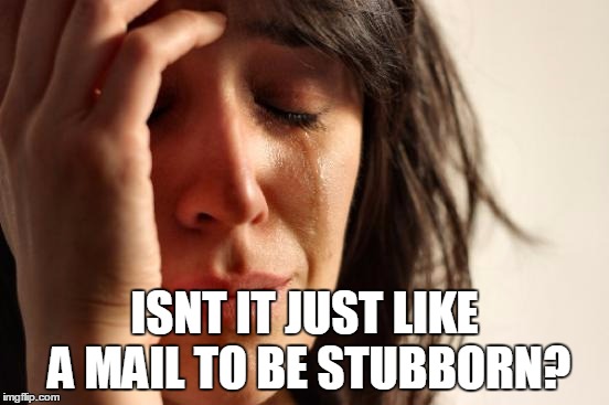 First World Problems Meme | ISNT IT JUST LIKE A MAIL TO BE STUBBORN? | image tagged in memes,first world problems | made w/ Imgflip meme maker