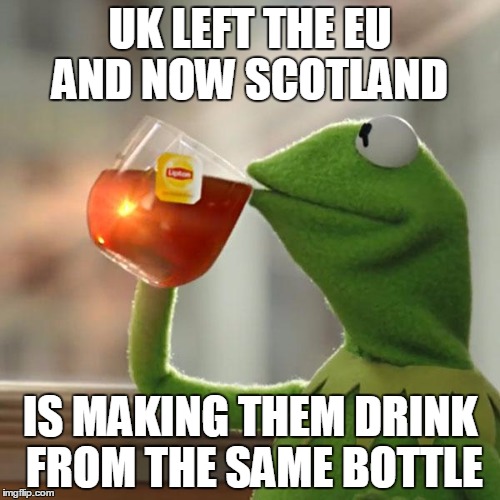 Scotexit | UK LEFT THE EU AND NOW SCOTLAND; IS MAKING THEM DRINK FROM THE SAME BOTTLE | image tagged in funny,brexit,eu,memes,but thats none of my business,kermit the frog | made w/ Imgflip meme maker