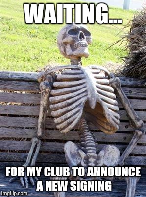 Waiting Skeleton | WAITING... FOR MY CLUB TO ANNOUNCE A NEW SIGNING | image tagged in memes,waiting skeleton | made w/ Imgflip meme maker