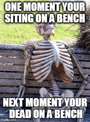Waiting Skeleton Meme | ONE MOMENT YOUR SITING ON A BENCH; NEXT MOMENT YOUR DEAD ON A BENCH | image tagged in memes,waiting skeleton | made w/ Imgflip meme maker