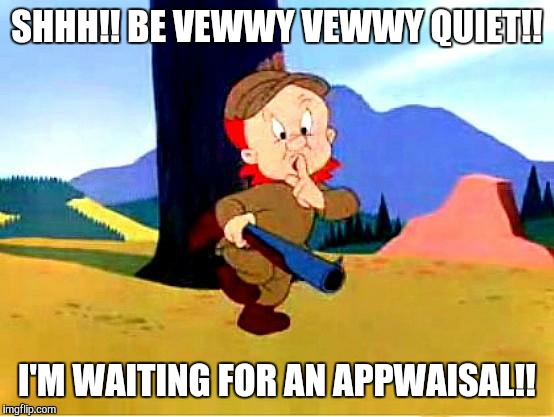 Elmer Fudd | SHHH!! BE VEWWY VEWWY QUIET!! I'M WAITING FOR AN APPWAISAL!! | image tagged in elmer fudd | made w/ Imgflip meme maker