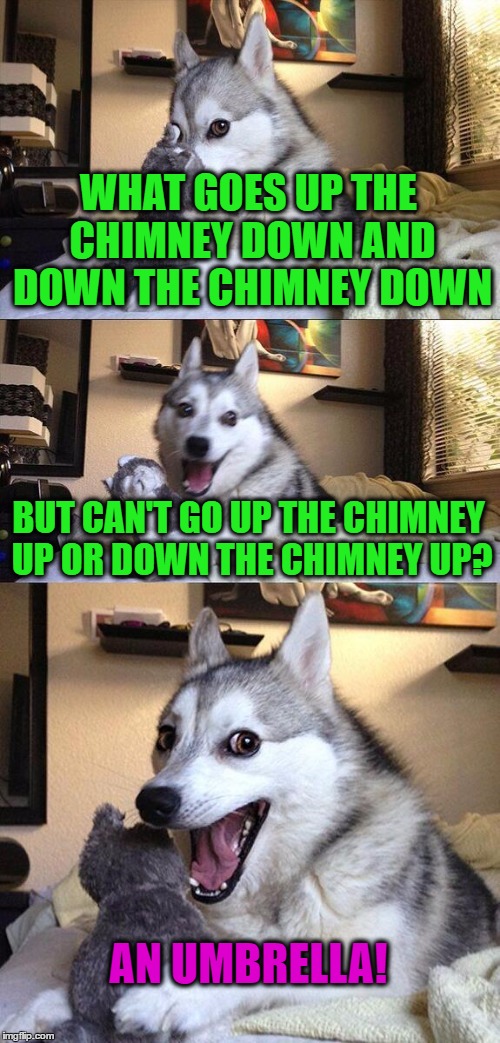 A real thinker | WHAT GOES UP THE CHIMNEY DOWN AND DOWN THE CHIMNEY DOWN; BUT CAN'T GO UP THE CHIMNEY UP OR DOWN THE CHIMNEY UP? AN UMBRELLA! | image tagged in memes,bad pun dog,funny,joke,jokes | made w/ Imgflip meme maker