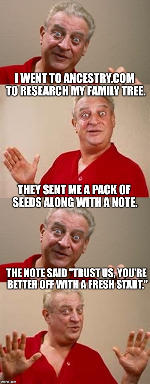Rodney | I WENT TO ANCESTRY.COM TO RESEARCH MY FAMILY TREE. THEY SENT ME A PACK OF SEEDS ALONG WITH A NOTE. THE NOTE SAID "TRUST US, YOU'RE BETTER OFF WITH A FRESH START." | image tagged in rodney | made w/ Imgflip meme maker