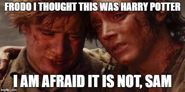 Lord of the rings  | FRODO I THOUGHT THIS WAS HARRY POTTER; I AM AFRAID IT IS NOT, SAM | image tagged in lord of the rings | made w/ Imgflip meme maker