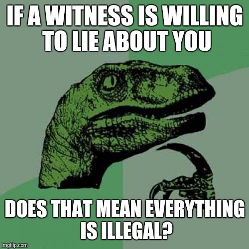 Philosoraptor Meme | IF A WITNESS IS WILLING TO LIE ABOUT YOU DOES THAT MEAN EVERYTHING IS ILLEGAL? | image tagged in memes,philosoraptor | made w/ Imgflip meme maker