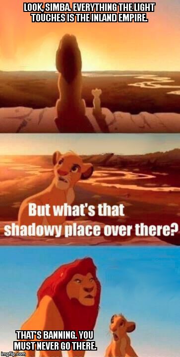 Simba Shadowy Place | LOOK, SIMBA. EVERYTHING THE LIGHT TOUCHES IS THE INLAND EMPIRE. THAT'S BANNING. YOU MUST NEVER GO THERE. | image tagged in memes,simba shadowy place | made w/ Imgflip meme maker