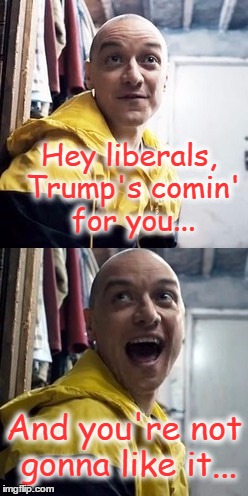Someone's Comin' for You... | Hey liberals, Trump's comin' for you... And you're not gonna like it... | image tagged in james mcavoy | made w/ Imgflip meme maker