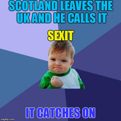 Success Kid Meme | SCOTLAND LEAVES THE UK AND HE CALLS IT IT CATCHES ON SEXIT | image tagged in memes,success kid | made w/ Imgflip meme maker