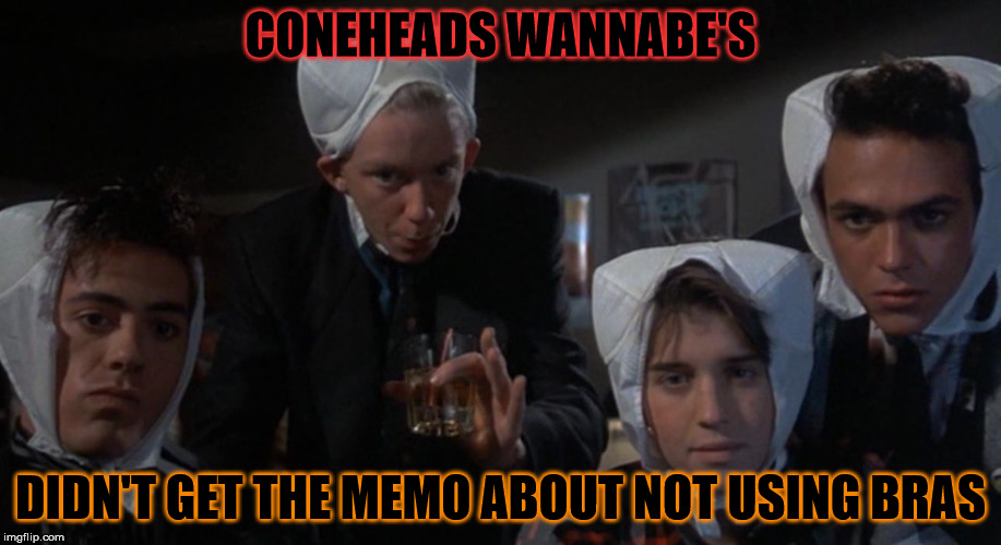 Weird Science Bra | CONEHEADS WANNABE'S; DIDN'T GET THE MEMO ABOUT NOT USING BRAS | image tagged in weird science bra | made w/ Imgflip meme maker