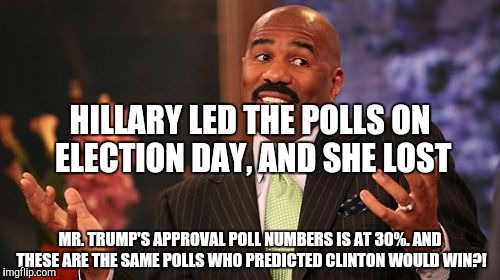 Steve Harvey | HILLARY LED THE POLLS ON ELECTION DAY, AND SHE LOST; MR. TRUMP'S APPROVAL POLL NUMBERS IS AT 30%. AND THESE ARE THE SAME POLLS WHO PREDICTED CLINTON WOULD WIN?! | image tagged in memes,steve harvey | made w/ Imgflip meme maker