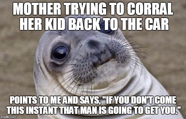 Awkward Moment Sealion Meme | MOTHER TRYING TO CORRAL HER KID BACK TO THE CAR; POINTS TO ME AND SAYS, "IF YOU DON'T COME THIS INSTANT THAT MAN IS GOING TO GET YOU." | image tagged in memes,awkward moment sealion | made w/ Imgflip meme maker