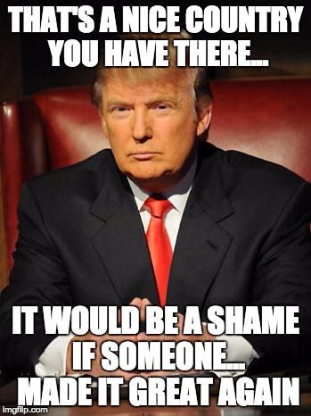 Serious Trump | THAT'S A NICE COUNTRY YOU HAVE THERE... IT WOULD BE A SHAME IF SOMEONE... MADE IT GREAT AGAIN | image tagged in serious trump | made w/ Imgflip meme maker