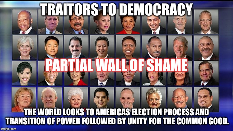 TRAITORS TO DEMOCRACY; PARTIAL WALL OF SHAME; THE WORLD LOOKS TO AMERICAS ELECTION PROCESS AND TRANSITION OF POWER FOLLOWED BY UNITY FOR THE COMMON GOOD. | image tagged in traitors | made w/ Imgflip meme maker